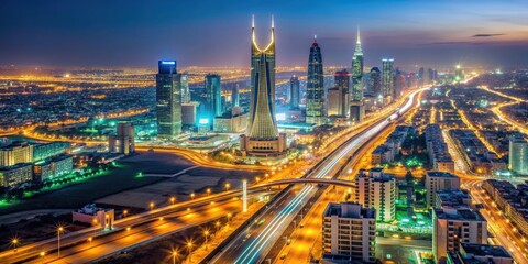 Fototapeta premium Detailed image of Saudi Arabia at night showcasing city lights, highways, and prominent landmarks , Saudi Arabia