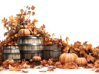 Autumnal Harvest Stilllife with Pumpkins Leaves and Rustic Decor on White Background