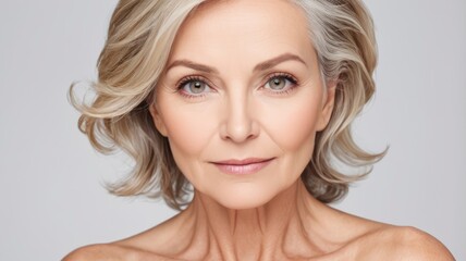 Naklejka premium Gorgeous mid-aged woman, looking at camera, white background, skincare concept 