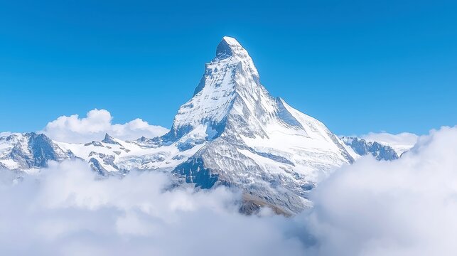 Matterhorn Majesty, stunning view of the iconic Matterhorn peak surrounded by soft clouds and vibrant blue sky from the vantage point of Gornergrat in Zermatt, Switzerland