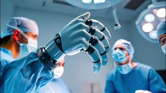 Close-up of a robotic hand with mechanical fingers, performing a precise task in an operating room, with a background of surgeons working, highlighting the synergy between advanced technology and huma
