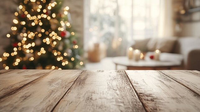 A vacant table with a minimalist decor, a blurry background of a warm living room, and a snow-covered Christmas tree with lights. A blank space for advertising or displaying products. 