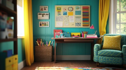 A teal and yellow home office with a desk, chair, and bookshelf, featuring an inspiring bulletin board.