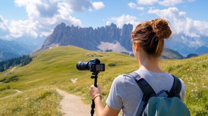 Travel blogger records hiking with mobile camera with mountain view.
