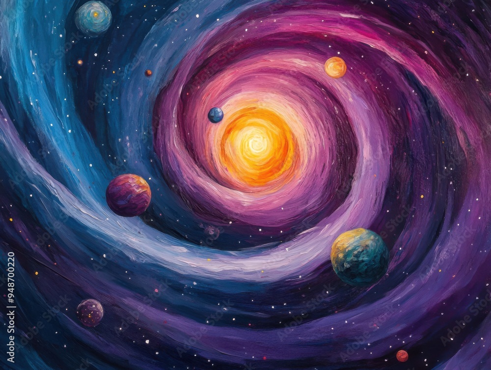 Poster 28080054 16.1 spiraling galaxy with planets representing different ideologies, all orbiting around a