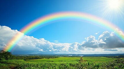 A vibrant, wide-angle view of a rainbow arching across a clear blue sky, with lush green fields and a distant horizon creating a picturesque scene.