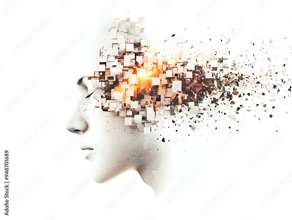 Poster captivating cybernetic being composed of fragmented digital textures and ethereal glow