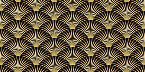 Art Deco Golden Fan Pattern, black background, gold, seamless, geometric , Art Deco, pattern
