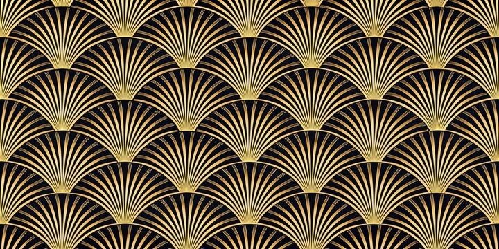 Art Deco Golden Fan Pattern, black background, gold, seamless, geometric , Art Deco, pattern