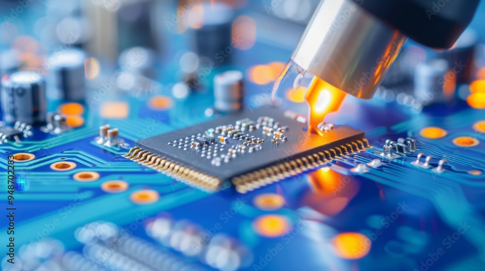 Aufkleber a close up of a computer chip with a soldering iron on it