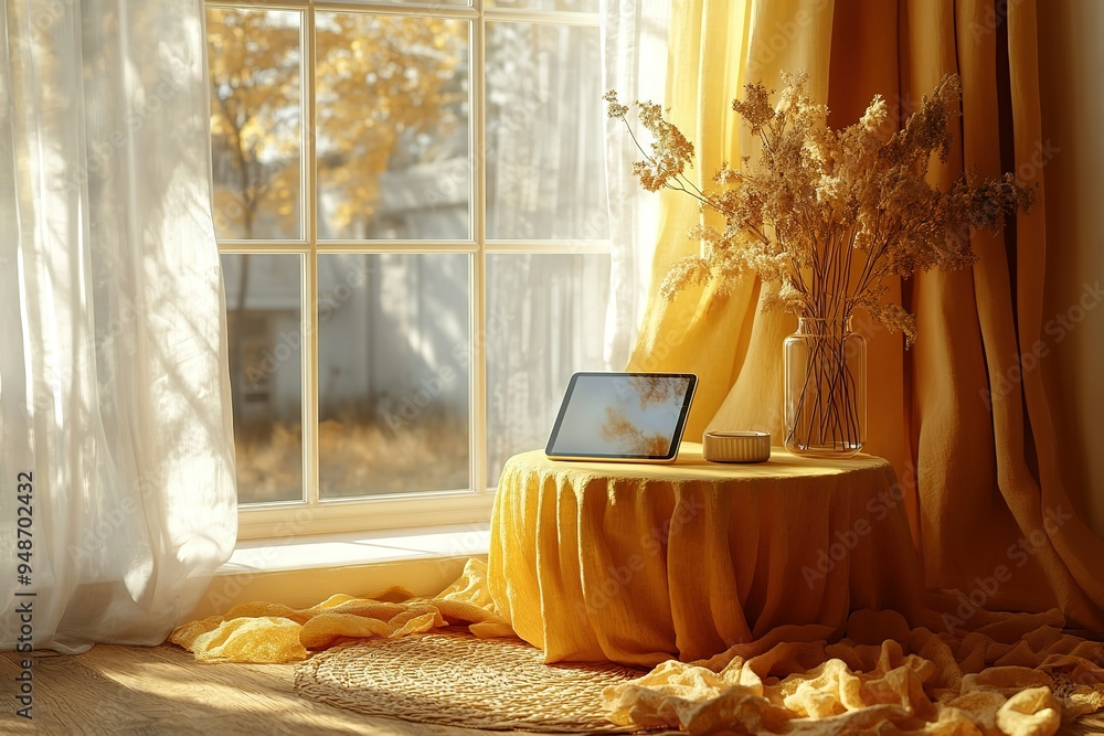 Poster a yellow table with a tablet on it and a vase of flowers in front of a window