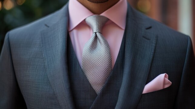 workplace fashion, a charcoal grey three-piece suit with a pale pink dress shirt and a silver tie displays the mans impeccable taste in workplace attire, exuding subtle elegance