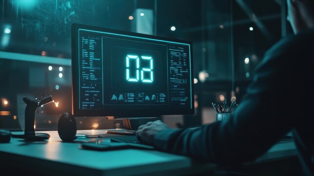 Man working on computer at night with code on screen, dimly lit room with blue neon lights, focused on programming and cybersecurity.