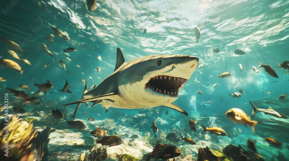 Poster a wide-angle view of a shark hunting in its natural habitat, with schools of smaller fish scattered 