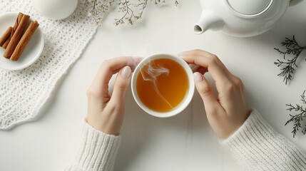 An artistic arrangement of feminine hands cradling a steaming cup of tea. The teapot, cinnamon, and tea bag adorn a pristine white backdrop. 