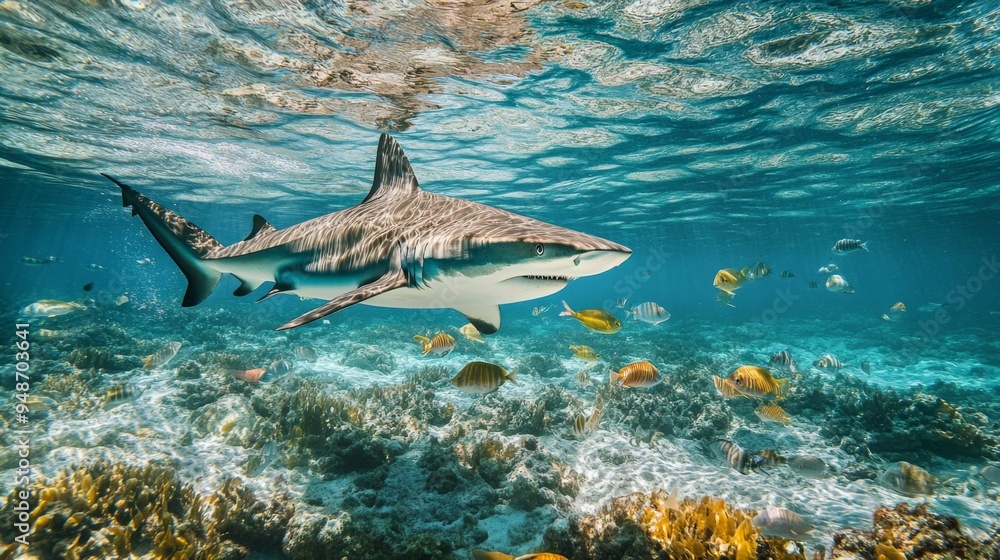 Poster a wide-angle view of a shark hunting in its natural habitat, with schools of smaller fish scattered 