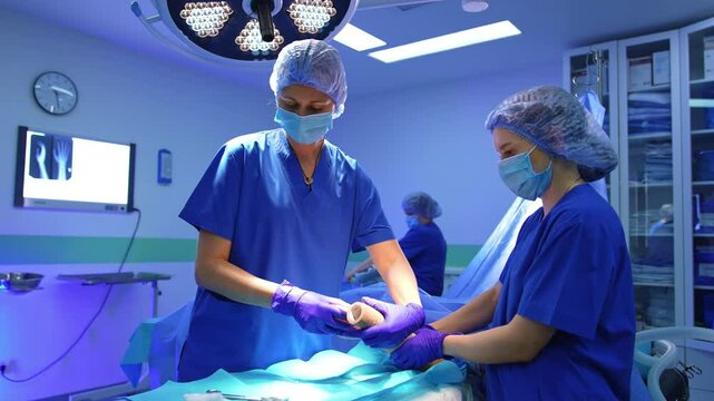Scrub nurse holds the operated hand of a patient which the surgeon wraps with the elastic bandage. Doctor finishes the operation and smiles to the camera.