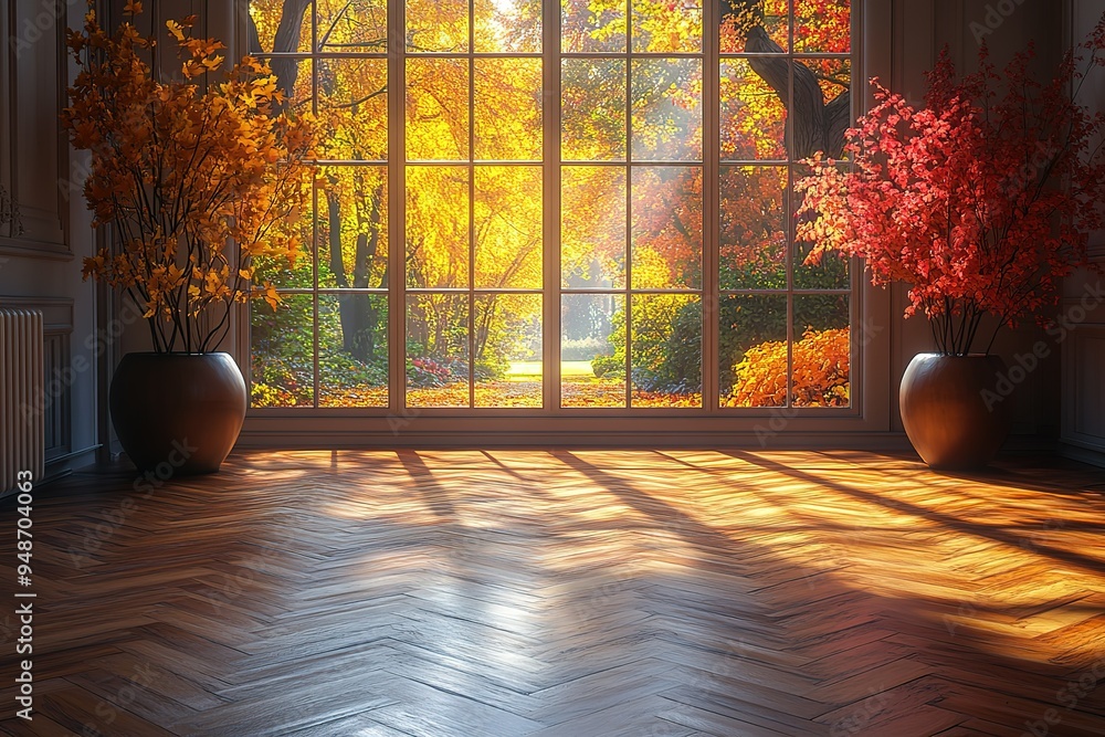Aufkleber a room with a large window that lets in the sunlight and a view of trees