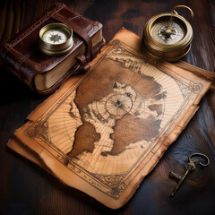Old Maps and Compass- A dark, textured table with antique maps, a compass, and an old leathe