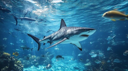 Obraz premium A wide-angle view of a shark hunting in its natural habitat, with schools of smaller fish scattered around and the shark in mid-action.