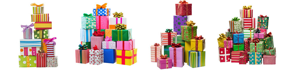 Stacks of colorful Christmas gifts with ribbons and bows, isolated on a blank background.