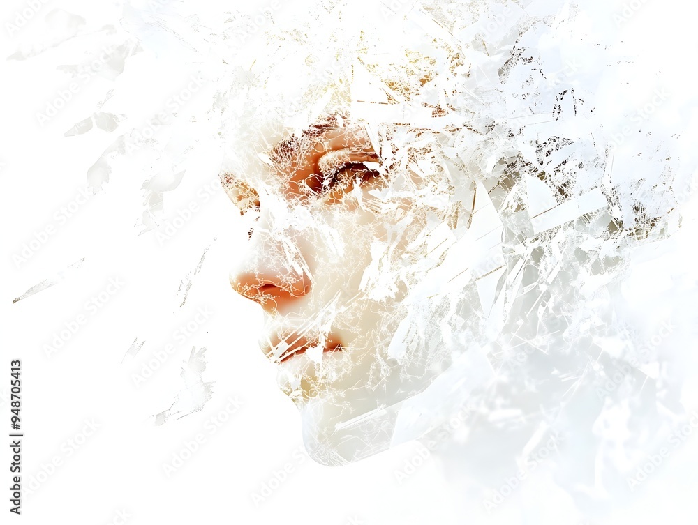 Poster cybernetic being composed of fragmented code shimmering digital textures ethereal glow and unsettlin