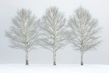 Fototapeta premium Three trees are standing in the snow, with the middle one being the tallest
