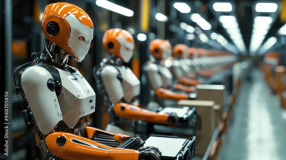 Poster ai-driven robots working alongside humans in a high-tech manufacturing environment