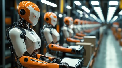 AI-driven robots working alongside humans in a high-tech manufacturing environment