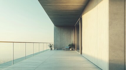 Obraz premium Modern balcony with glass railing and concrete walls.