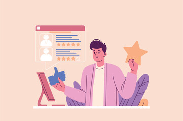 Best feedback concept with people scene in the flat cartoon design. Young man enthusiastically writing reviews, holding thumb up and star symbol. Vector illustration.