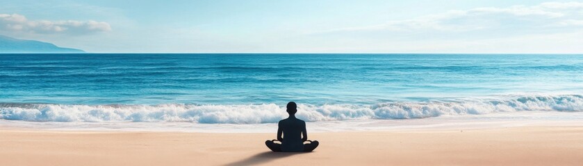 Fototapeta premium Deserted beach with a meditating figure, waves gently crashing, 3D illustration