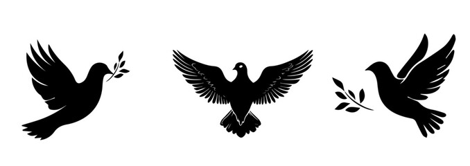 Silhouette set of doves carrying olive branches symbolizing peace on a white background.