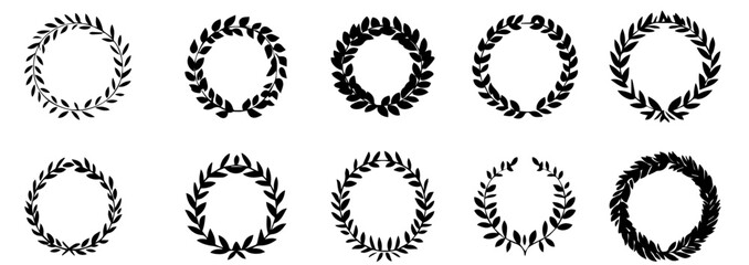 Collection of  laurel wreath designs in black and white for minimalist decoration. Emblem floral greek branch flat icons 