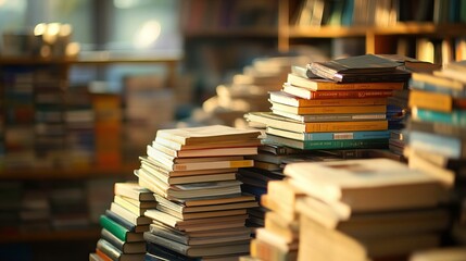 Fototapeta premium A cozy scene of stacked books in a library, inviting readers to explore stories and knowledge within each page.