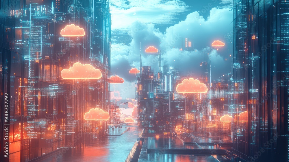 Poster an abstract visual of ai integrating into daily life, with smart devices, data clouds, and holograph