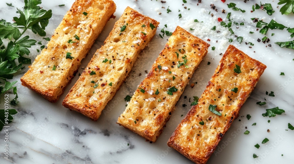 Wall mural gourmet garlic crouton sticks sprinkled with parmesan on marble surface concept for a gourmet snack banner