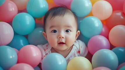 Obraz premium A joyful baby surrounded by colorful balls, smiling and exploring a playful environment, perfect for family or childhood themes.