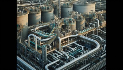 Fototapeta premium Waste Processing Plant with Large Tanks and Convoluted Pipes