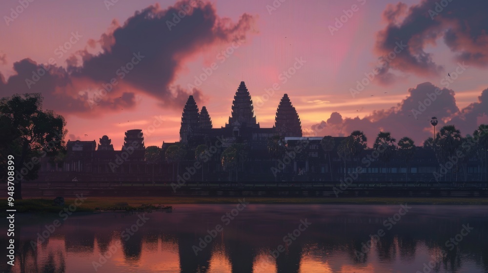 Wall mural Ancient temple silhouette at sunrise, reflected in still water.