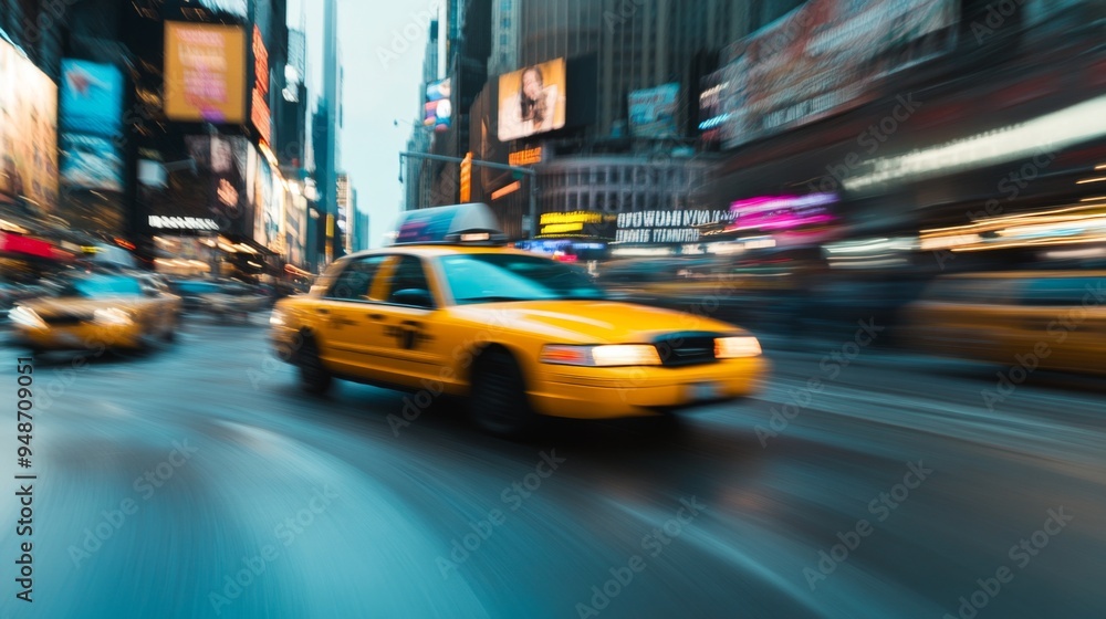 Poster a yellow taxi speeding through a bustling city street, creating a dynamic scene with motion blur and