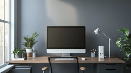 Modern, minimalist home office setup featuring desktop computer, desk lamp, and houseplants against a gray wall with natural lighting.