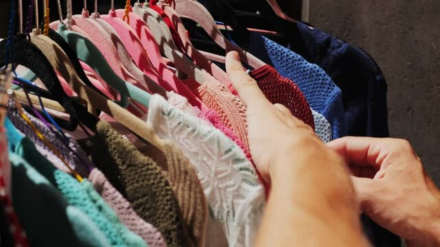 People buying used second hand vintage clothes outdoor. Charity Shop and Garage Sale, Recycling Eco New Life, European Store. 