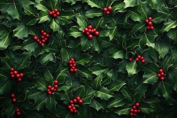 Obraz premium Christmas holly background with red berries, perfect for holiday season decorations and festive designs with generative ai