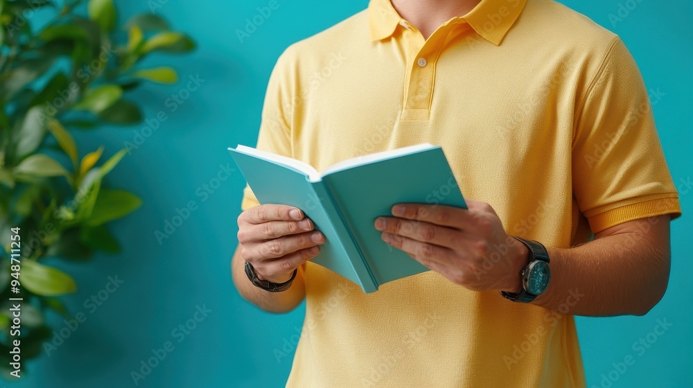 Wall mural A person in a yellow polo shirt reading a light blue book against a teal background, surrounded by greenery.