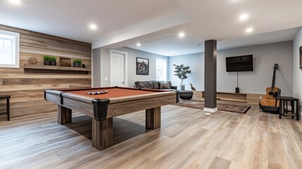 A modern basement with a pool table, wood flooring, and a guitar.