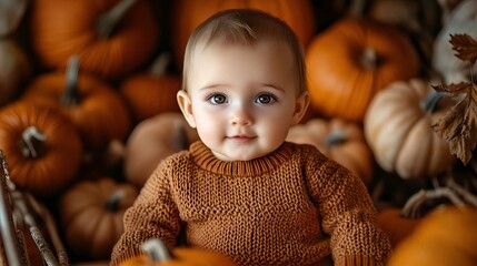 Adorable baby wearing a cozy sweater surrounded by pumpkins, perfect for autumn-themed projects or seasonal imagery.