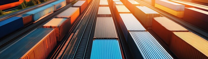 Obraz premium Aerial view of colorful shipping containers arranged in rows. The vibrant colors and patterns create a striking industrial landscape.