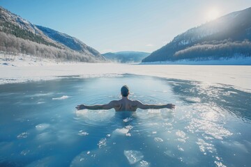 Adult man taking ice bath at frozen lake in the morning. Health concept