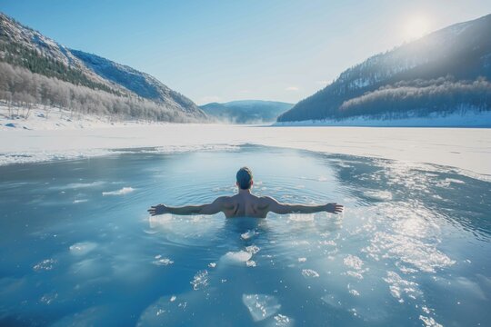 Adult man taking ice bath at frozen lake in the morning. Health concept